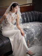 婚纱头纱女新娘白色头饰，超仙短款森系复古韩式结婚礼网红拍照道具