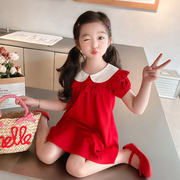 女童红色连衣裙夏装2024小童短袖纯棉娃娃领裙宝宝洋气公主裙