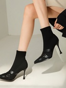 欧美显高时尚弹力布短靴，秋季显瘦靴子女士气质，黑色细跟699876