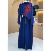 运动休闲套装女秋冬新中式国风高级感蓝色加绒卫衣卫裤两件套