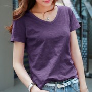 竹节棉短袖T恤女2024夏季宽松大码遮肚子显瘦紫色V领体恤上衣