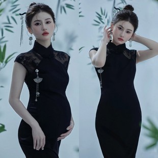2024孕妇照服装影楼中国风，中式复古黑色丝绒，旗袍艺术拍照礼服