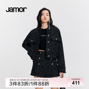 Jamor黑色小香风外套女春秋圆领时尚百搭宽松中长款外套加末