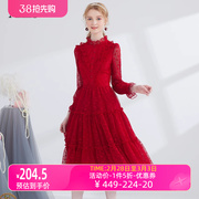 艾丽丝2024春季网纱刺绣中长款红色新年连衣裙甜美减龄公主裙