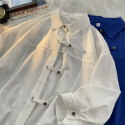 中性风夏季翻领短袖衬衫设计小众oversize宽松七分袖纯色开衫衬衣
