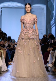 eliesaab仙女羽毛花朵，迎宾婚纱新娘奢华水钻，甜美香槟色礼服