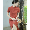 红色旗袍年轻款改良气质复古提花修身夏季女士棉质喜红连衣裙
