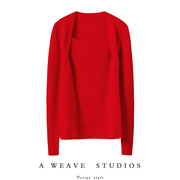 气质好吸睛~显瘦方领坑条羊绒衫，女圆领羊绒大红色，毛衣针织打底衫