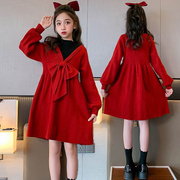 。女童红色连衣裙秋冬拜年服长袖秋冬假两件公主裙喜庆新年拜年服