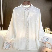 新中式国风白色刺绣复古衬衫，女2024春季禅意，盘扣唐装汉服上衣