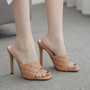 Lazada Women Sandals 欧美外贸时尚大码缝线菱格纹高跟凉拖鞋女