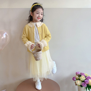 女童春装连衣裙2024女孩洋气，黄色毛衣套装裙子，春秋儿童公主裙