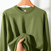 精梳棉军绿色长袖t恤男圆领，宽松大码秋衣，运动打底衫休闲卫衣