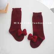 红色袜婴儿秋款中长筒袜，蝴蝶结公主满月宝宝，过年喜庆大红袜