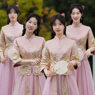 中式伴娘服结婚礼服女2024冬季中国风汉服，旗袍姐妹团伴娘裙小个子