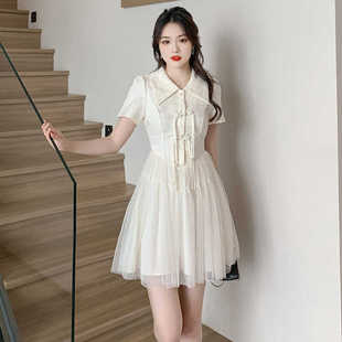 夏季新中式复古气质少女改良旗袍裙提花珍珠网纱蓬蓬小个子连衣裙