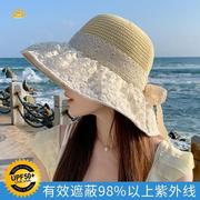 2024款夏季海边度假防晒遮阳草帽时尚可折叠大帽檐，蕾丝雏菊黑胶帽