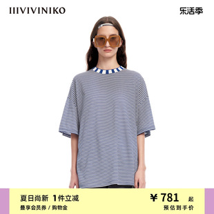 IIIVIVINIKO春夏海军蓝oversize条纹落肩T恤女M320543366C