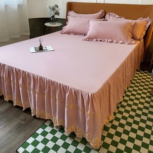 纯色蕾丝床裙式床罩单件1.5米1.8m四季防滑床单保护套床笠三件套