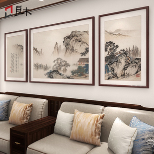 新中式客厅装饰画山水风景，画沙发背景墙挂画三联国画高端大气壁画