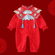 婴儿衣服秋装中国风红色唐装宝宝连体衣满月百天一周岁公主礼服