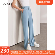 amii2023夏装雪纺西装裤，女阔腿裤设计感开叉高腰直筒休闲长裤