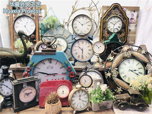 孤品大集合-美式乡村风家居软装装饰复古做旧铁艺浮雕座钟挂表