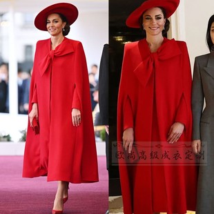 高端定制凯特王妃同款红色，圆领斗篷大衣毛呢外套，长款宽松英伦大气