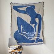 北欧ins地中海蓝色双面编织线毯，沙发盖布墙面背景，布挂毯(布挂毯)床尾盖毯