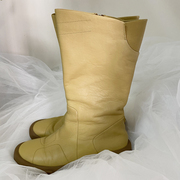 秋冬英式复古真皮黄色，平底靴高筒女靴舒适百搭漫咖啡色时装靴
