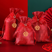 思泽婚礼喜糖袋子束口纱袋珠光，红色结婚喜糖盒，中国风婚庆用品大全