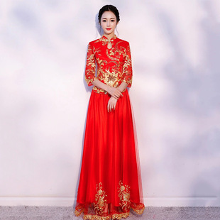 中式结婚秀禾礼服七分袖2020新春，款美新娘敬酒服修身显瘦旗袍大码