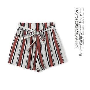 撞色条纹短裤  夏季外贸女装时尚系带松紧高腰弹力短裤24076