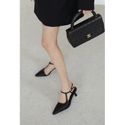 azhu黑色高跟鞋女细跟尖头气质，百搭2022年春季设计感绑带性感单鞋