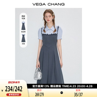 VEGA CHANG法式连衣裙女2024年夏季假两件显瘦学院风短袖长裙