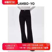 lamboyo秋季黑色显瘦喇叭裤设计感小众，高腰修身质感须边牛仔裤女