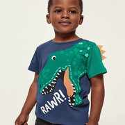 童装男童恐龙纯棉圆领短袖，t恤宝宝深蓝半袖，体恤衫儿童夏装3岁