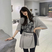 韩国欧货灰色开叉短袖t恤女宽松中长款设计感半袖个性潮大码气质
