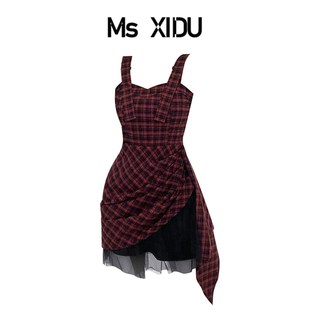 msxidu红黑格纹红色格子，吊带连衣裙禾加一裙，子女夏季小众设计感