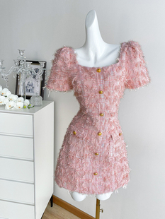 粉色复古小香风短袖，连衣裙女夏季短裙，法式高端小个子气质礼服裙子