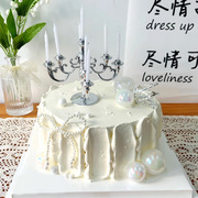 欧式复古烛台生日蜡烛插件情人节520蛋糕装饰珍珠爱心蝴蝶结摆件