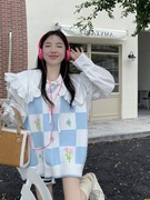 大码女装韩系甜美刺绣针织，马甲毛衣娃娃领衬衫，两件套减龄秋季套装