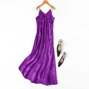 加长款!斜裁显瘦!重磅，真丝花罗冠乐缎，v领吊带连衣裙礼服裙紫色