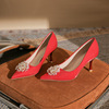 726-166A大红色新娘鞋高跟鞋女细跟尖头婚鞋喜庆红色中国风秀禾鞋