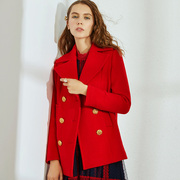羊毛呢外套女西装领双排，扣修身显瘦红色呢子短款大衣时尚高端百搭