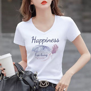 v领白色t恤女短袖，纯棉2024夏季修身显瘦体恤衫韩版洋气上衣潮