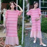 孕妇装夏装时尚甜美减龄短袖条纹连衣裙夏季韩版裙子荷叶边孕妇裙