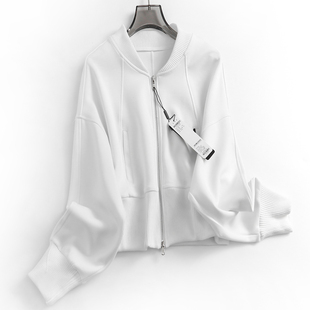 白色宽松蝙蝠型长袖立领拉链开衫，春季短款百搭休闲女外套n592