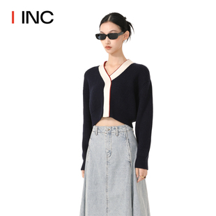 allbeings设计师品牌iinc23aw短款针织拼接v领毛衣上衣女