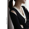Warmo2023秋季设计感拼接露肩V领羊毛针织开衫长袖气质通勤上衣女